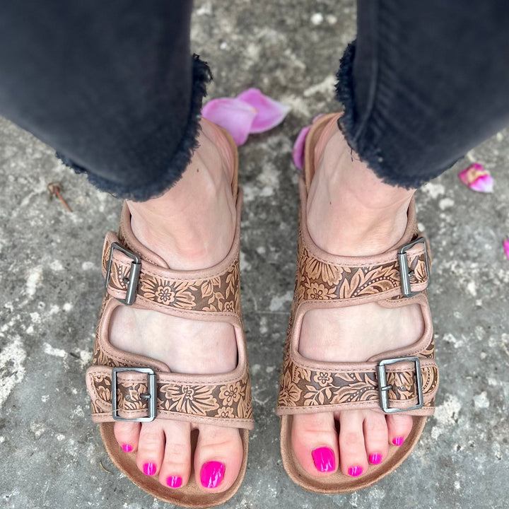 Very G Shoes I Gussied Up Online. leather. tooled leather. tooled. burkies. slip on. comfort. comfortable. tan. sandals. small business. Western Women's Boutique. Ships fast from Texas.
