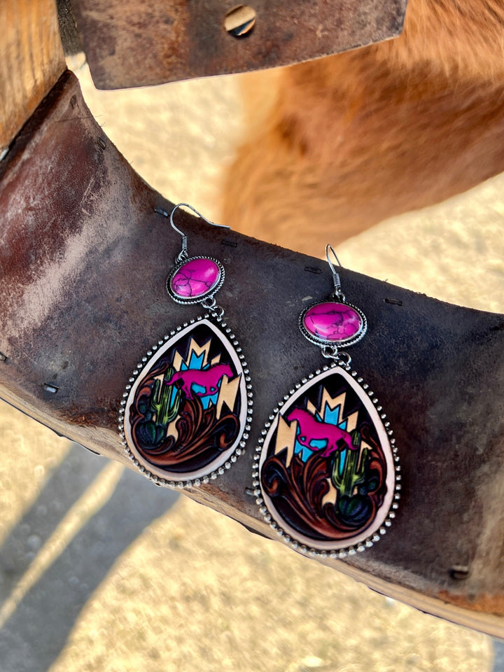 Leather Stamped Aztec Horse Earrings- 2 color choices | gussieduponline