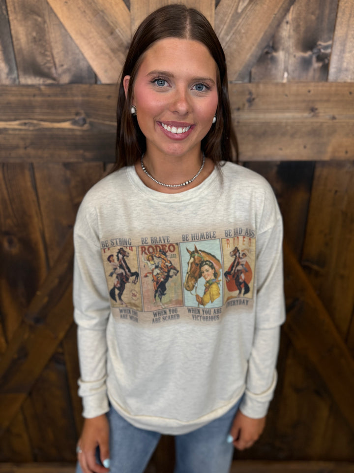 Oatmeal Vintage Cowgirl Collage Relaxed Graphic Sweatshirt