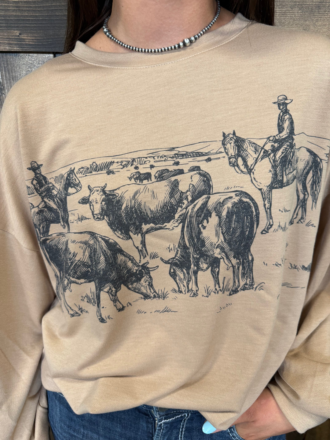Camel Western Print Graphic Relaxed Sweatshirt