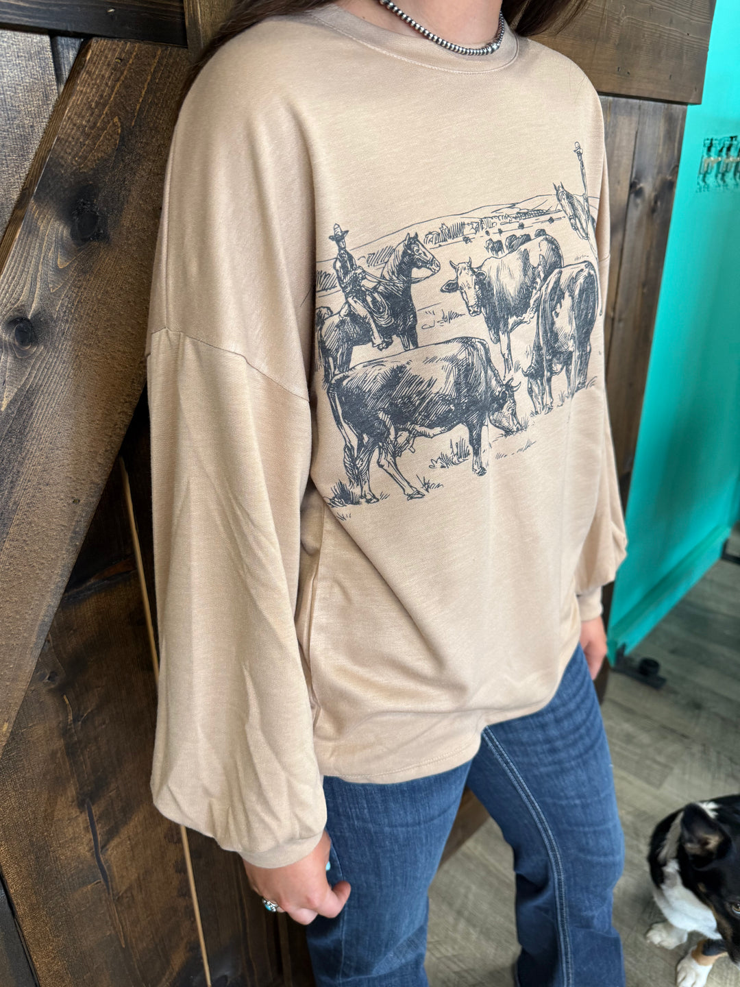 Camel Western Print Graphic Relaxed Sweatshirt