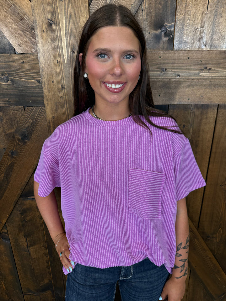 Raised Rib Short Sleeve Front Pocket Top- 2 Colors