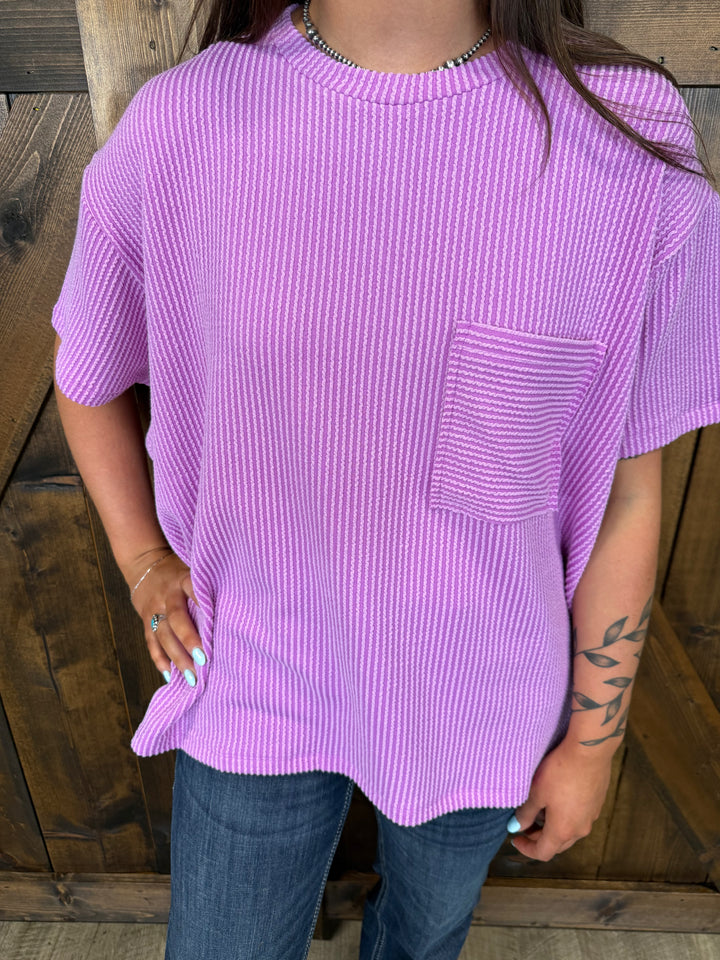 Raised Rib Short Sleeve Front Pocket Top- 2 Colors