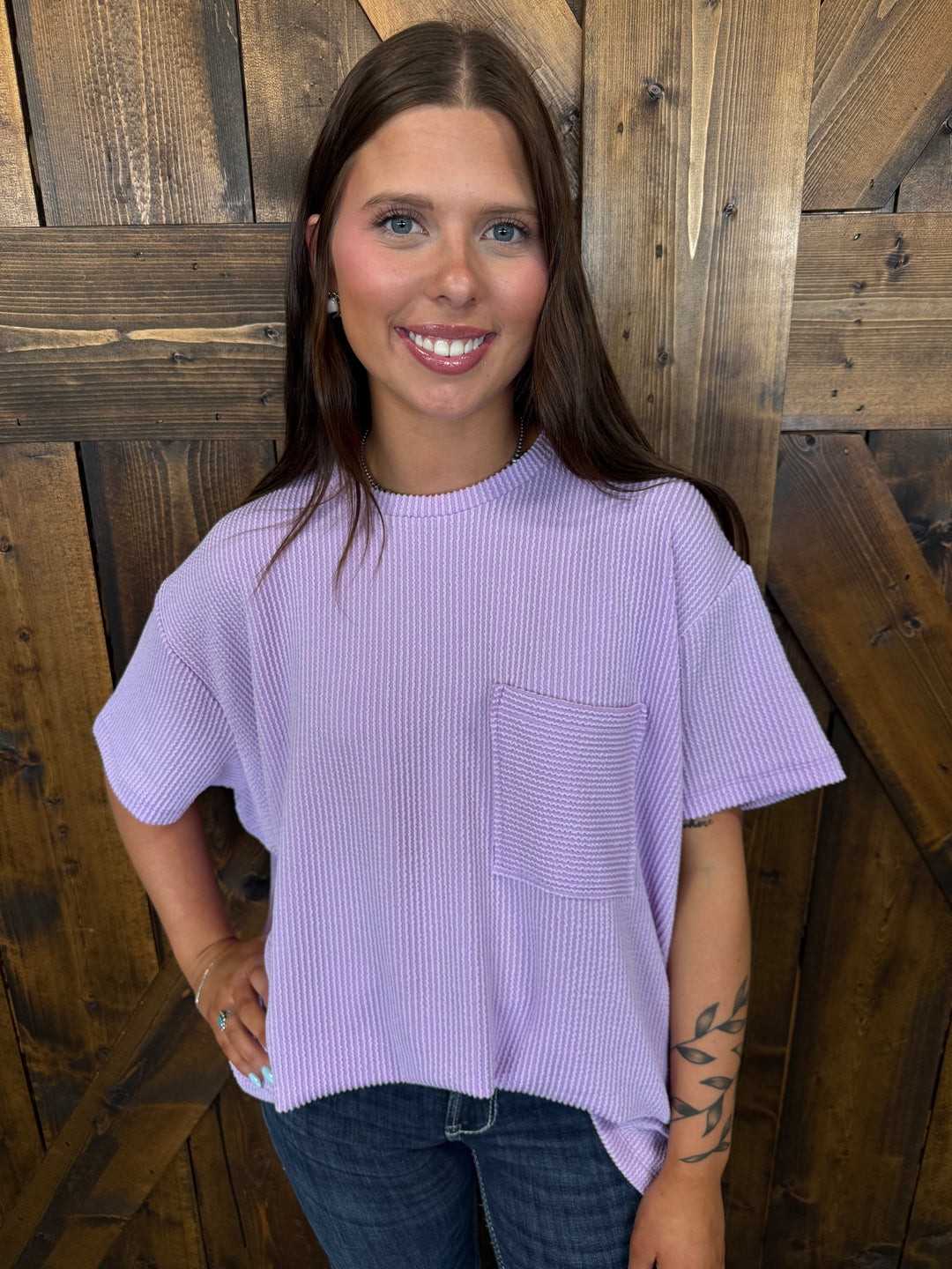 Raised Rib Short Sleeve Front Pocket Top- 2 Colors