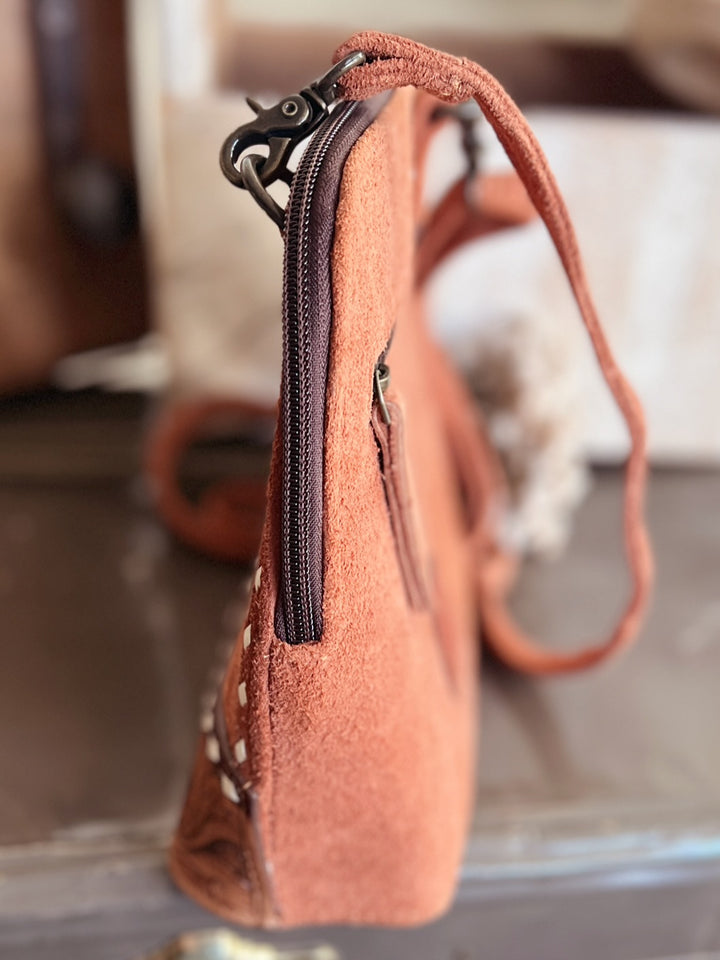 Darling Tan Suede Boot Stitch Wide Mouth Bag