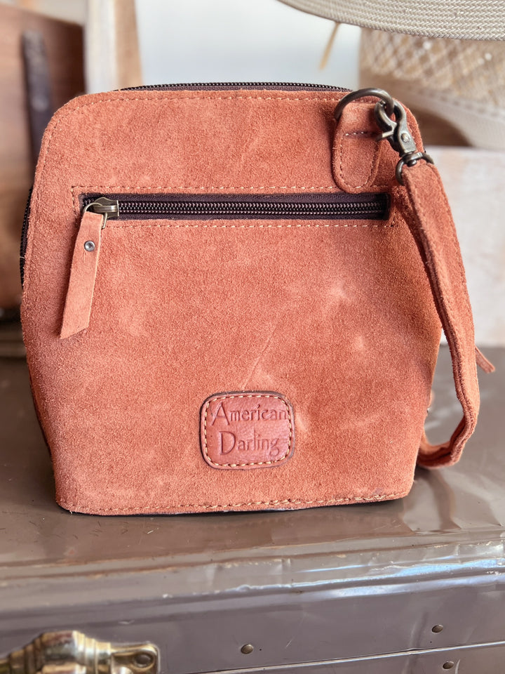 Darling Tan Suede Boot Stitch Wide Mouth Bag