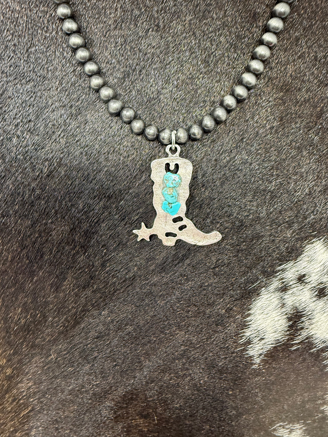 Turquoise Stones & Silver Cowboy Boot Navajo Strand Necklace