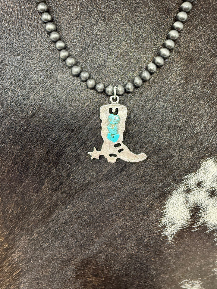 Turquoise Stones & Silver Cowboy Boot Navajo Strand Necklace