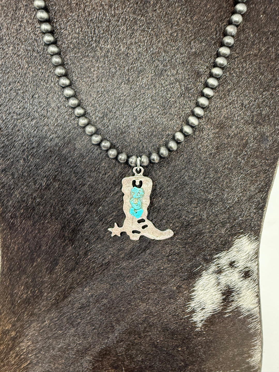 Turquoise Stones & Silver Cowboy Boot Navajo Strand Necklace