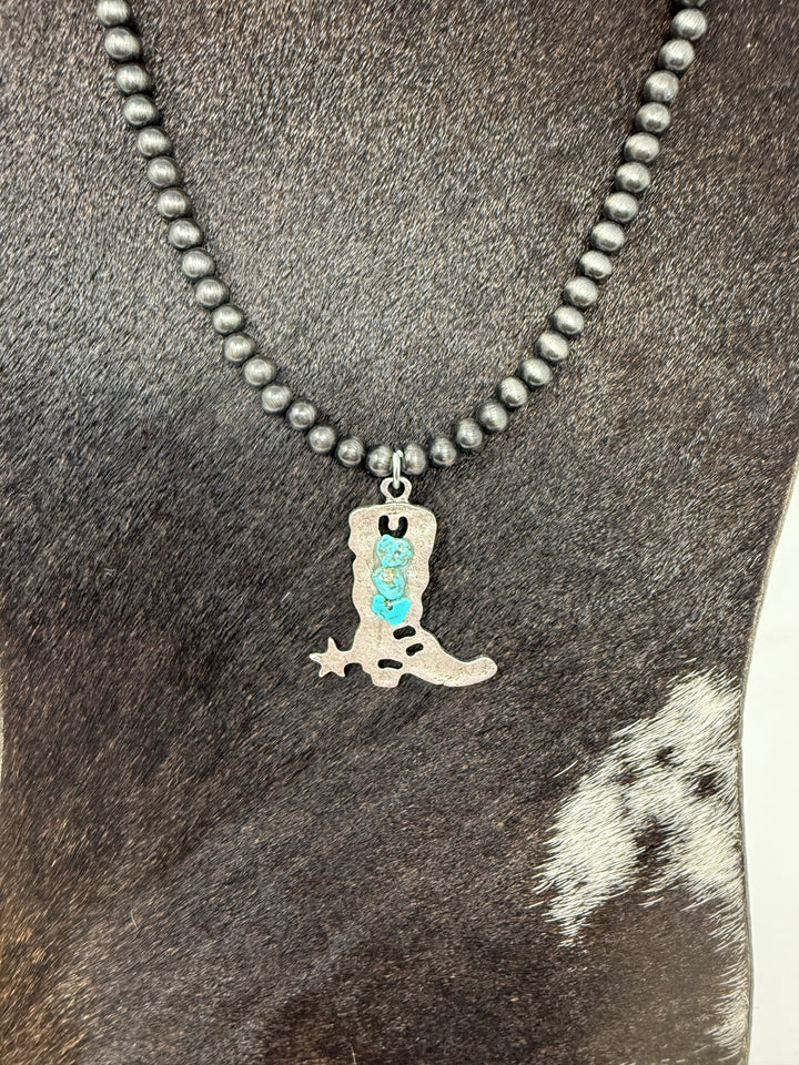 Turquoise Stones & Silver Cowboy Boot Navajo Strand Necklace