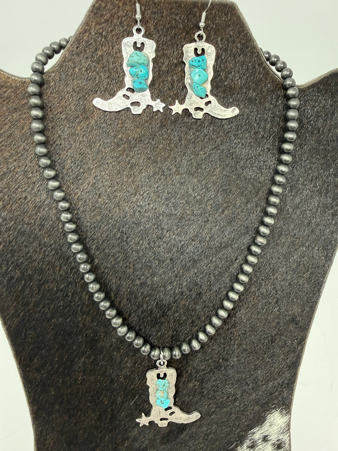 Turquoise Stones & Silver Cowboy Boot Navajo Strand Necklace