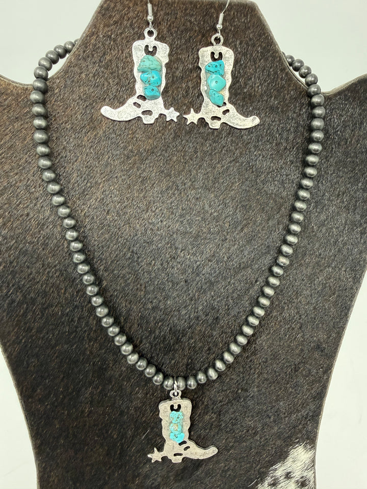 Turquoise Stones & Silver Cowboy Boot Navajo Strand Necklace