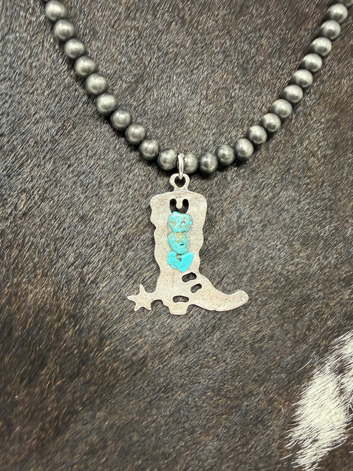 Turquoise Stones & Silver Cowboy Boot Navajo Strand Necklace