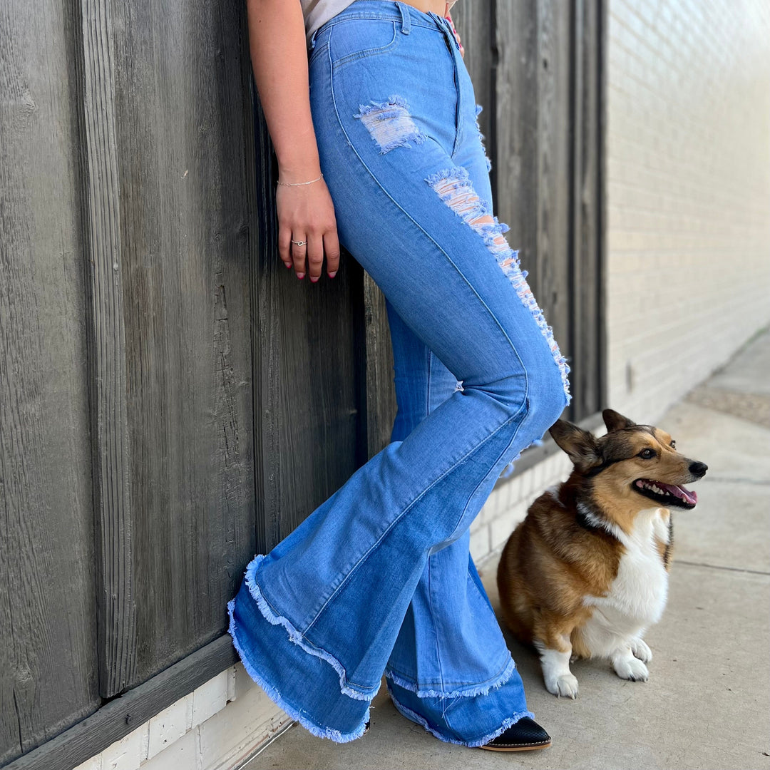Retro Girl Light Wash Flares | gussieduponline