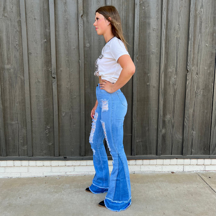 Retro Girl Light Wash Flares | gussieduponline