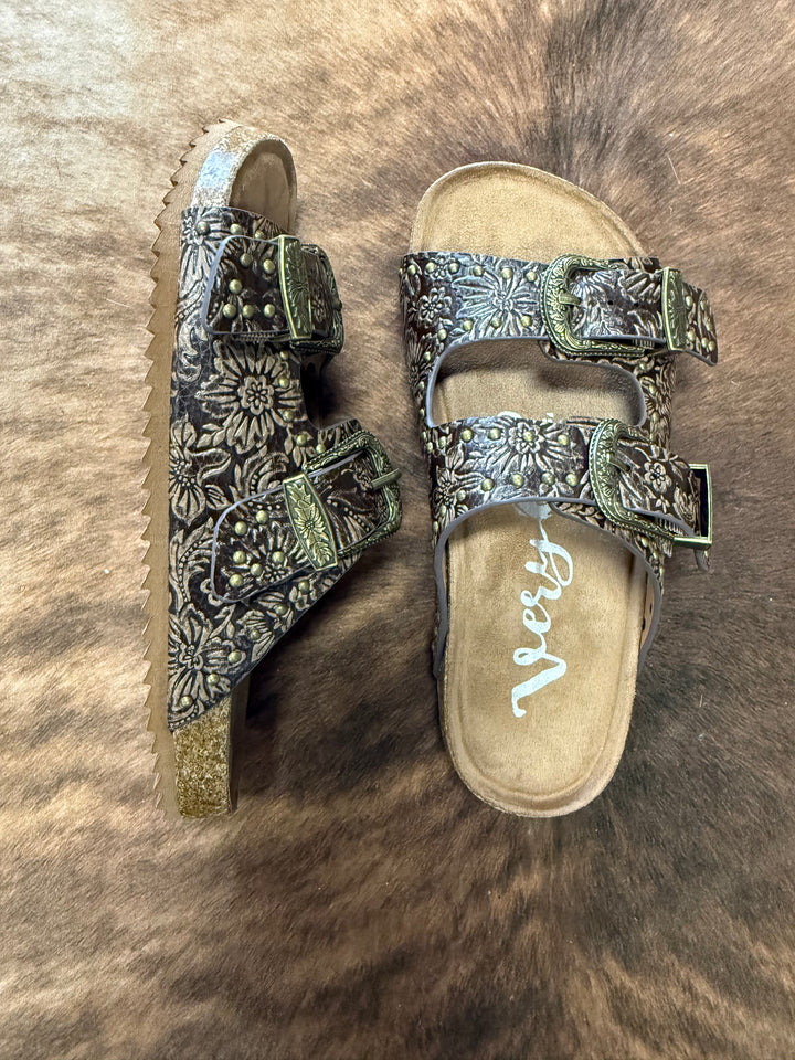 Very G Heidi Brown Studded Tooled Sandals