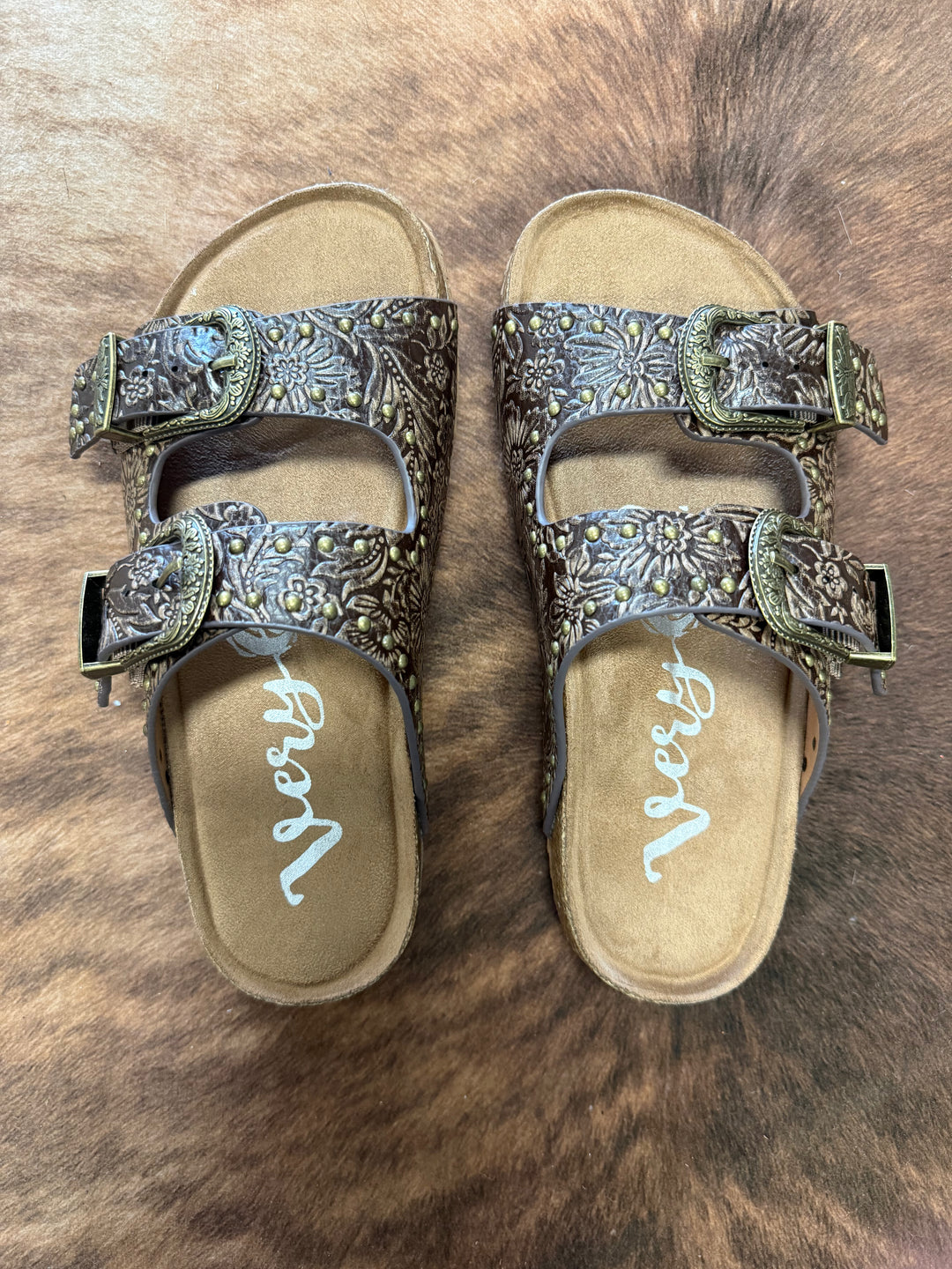 Very G Heidi Brown Studded Tooled Sandals