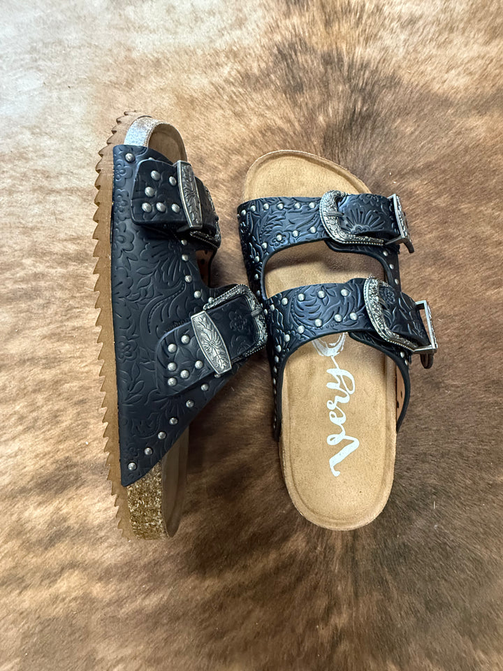 Very G Heidi Black Studded Tooled Sandals