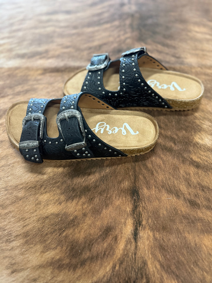 Very G Heidi Black Studded Tooled Sandals