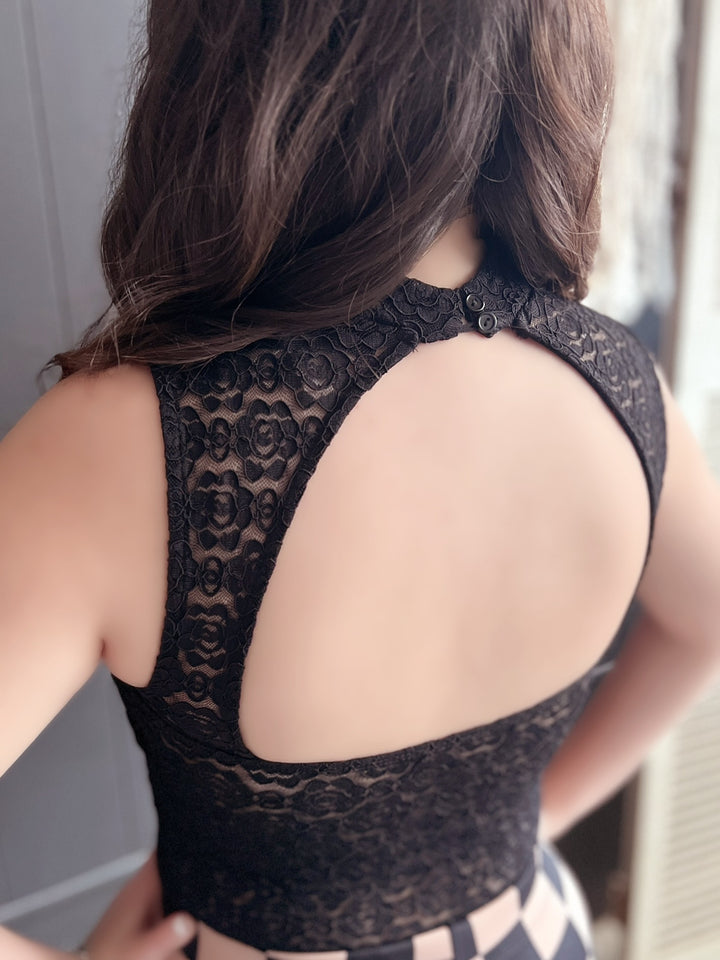 Black Lace Open Back Thong Body Suit*