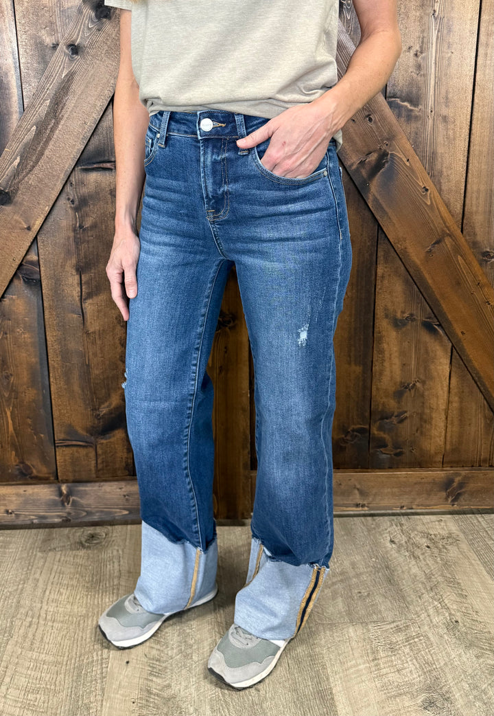 Risen Dark Wash High Rise Ankle Wide Cuffed Jeans