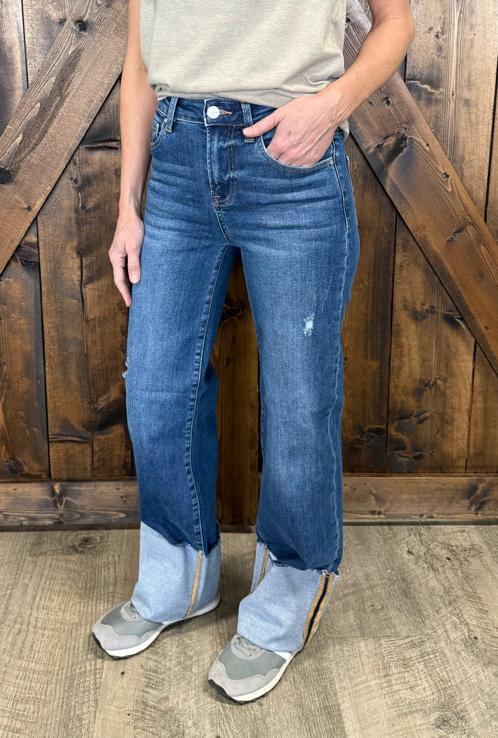 Risen Dark Wash High Rise Ankle Wide Cuffed Jeans