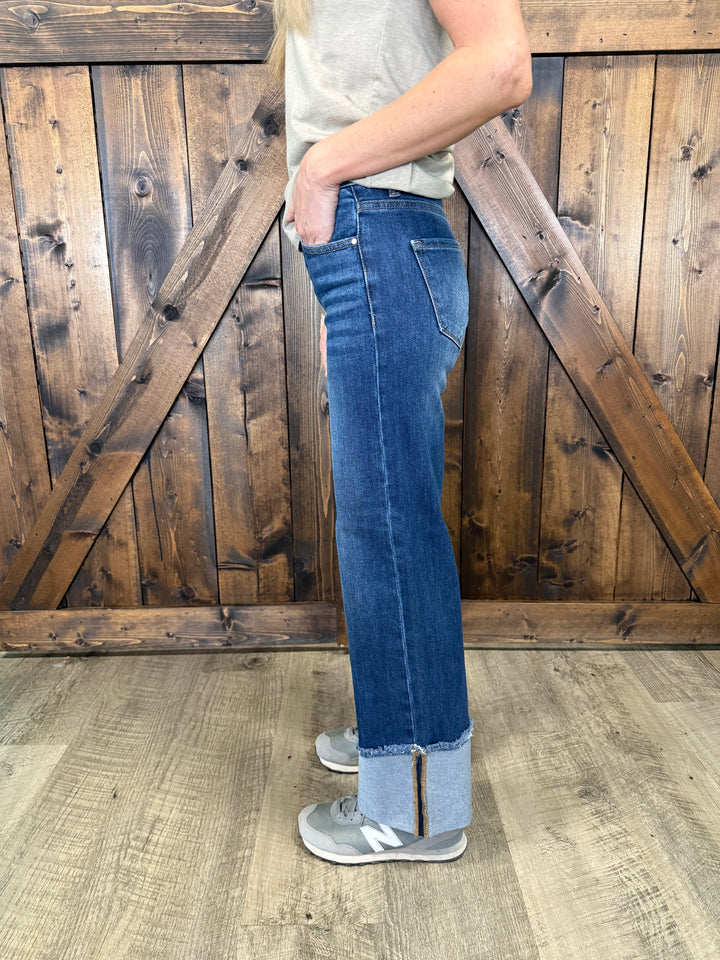 Risen Dark Wash Mid Rise Cropped Wide Cuffed Jeans