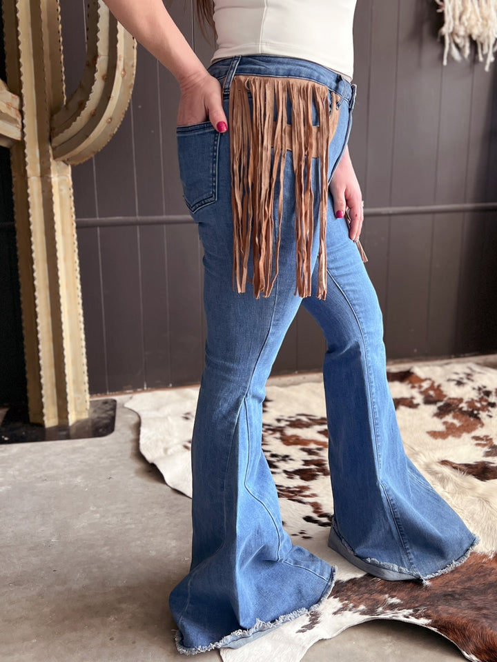 Bell Bottom Denim With Suede Fringe*