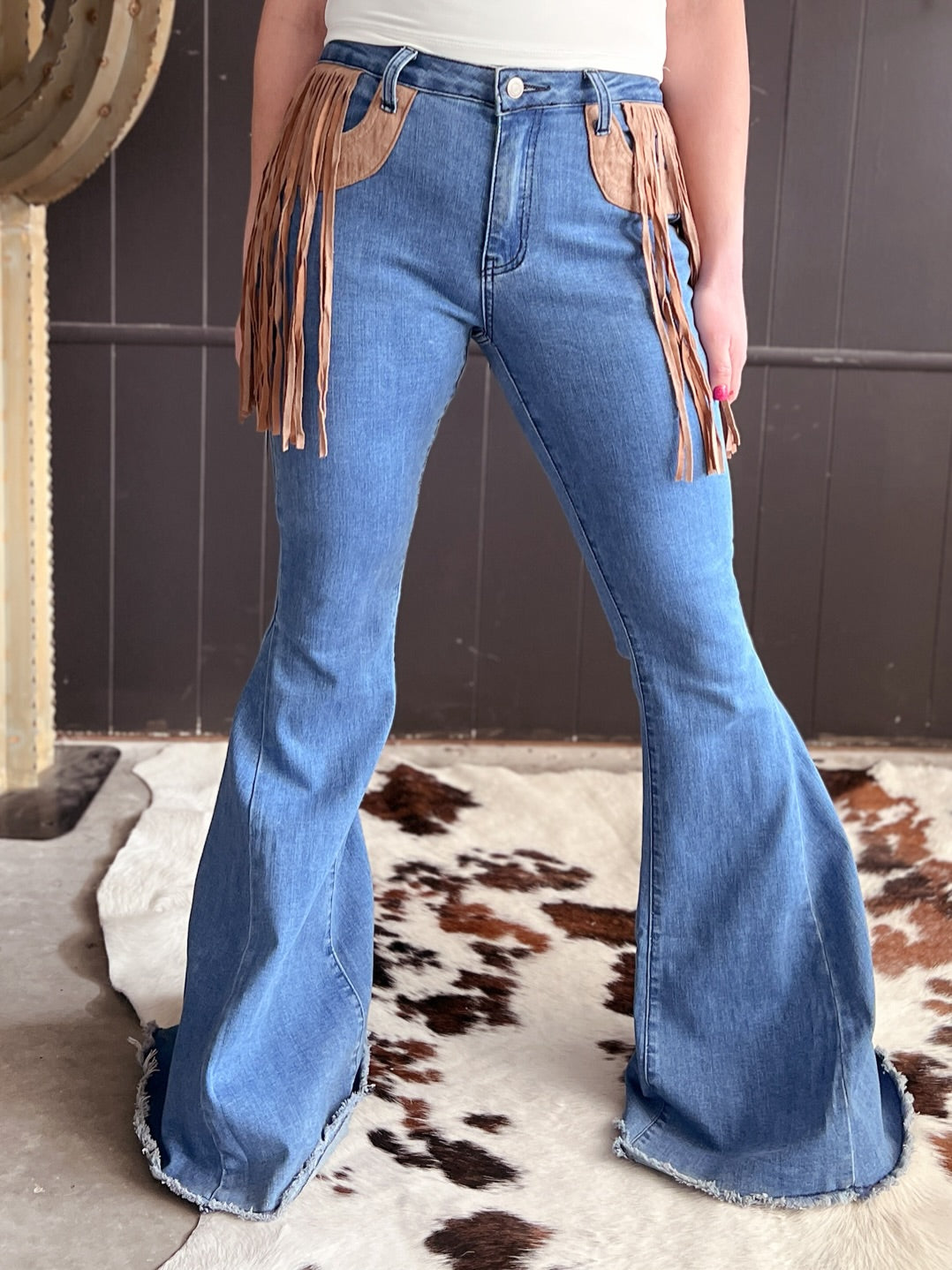 Bell Bottom Denim With Suede Fringe*