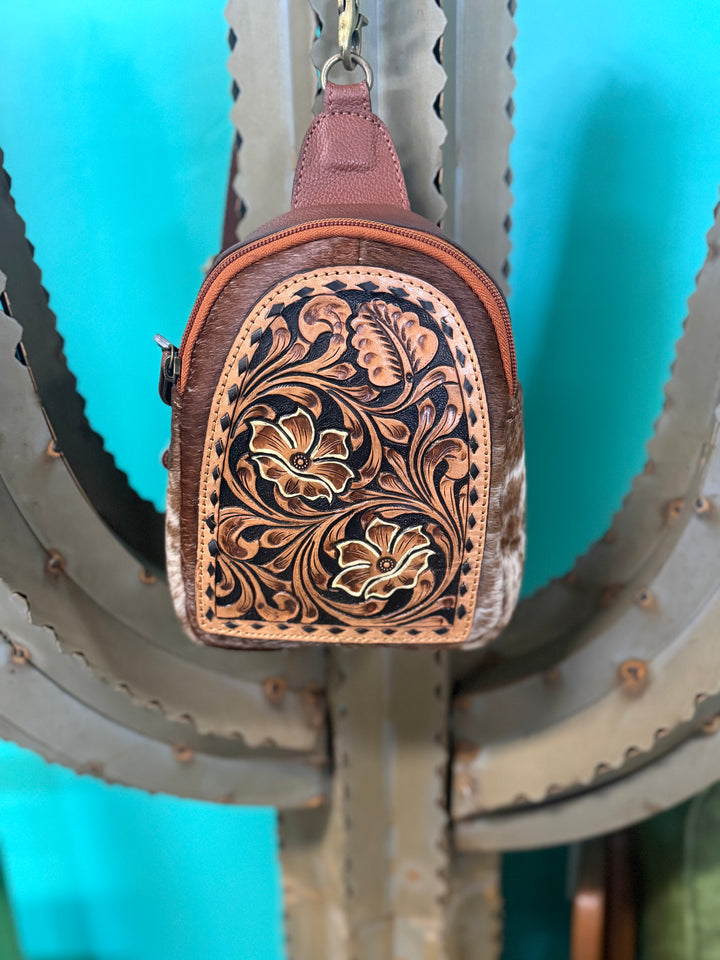 American Darling Floral Tooled Leather & Cowhide Sling Backpack