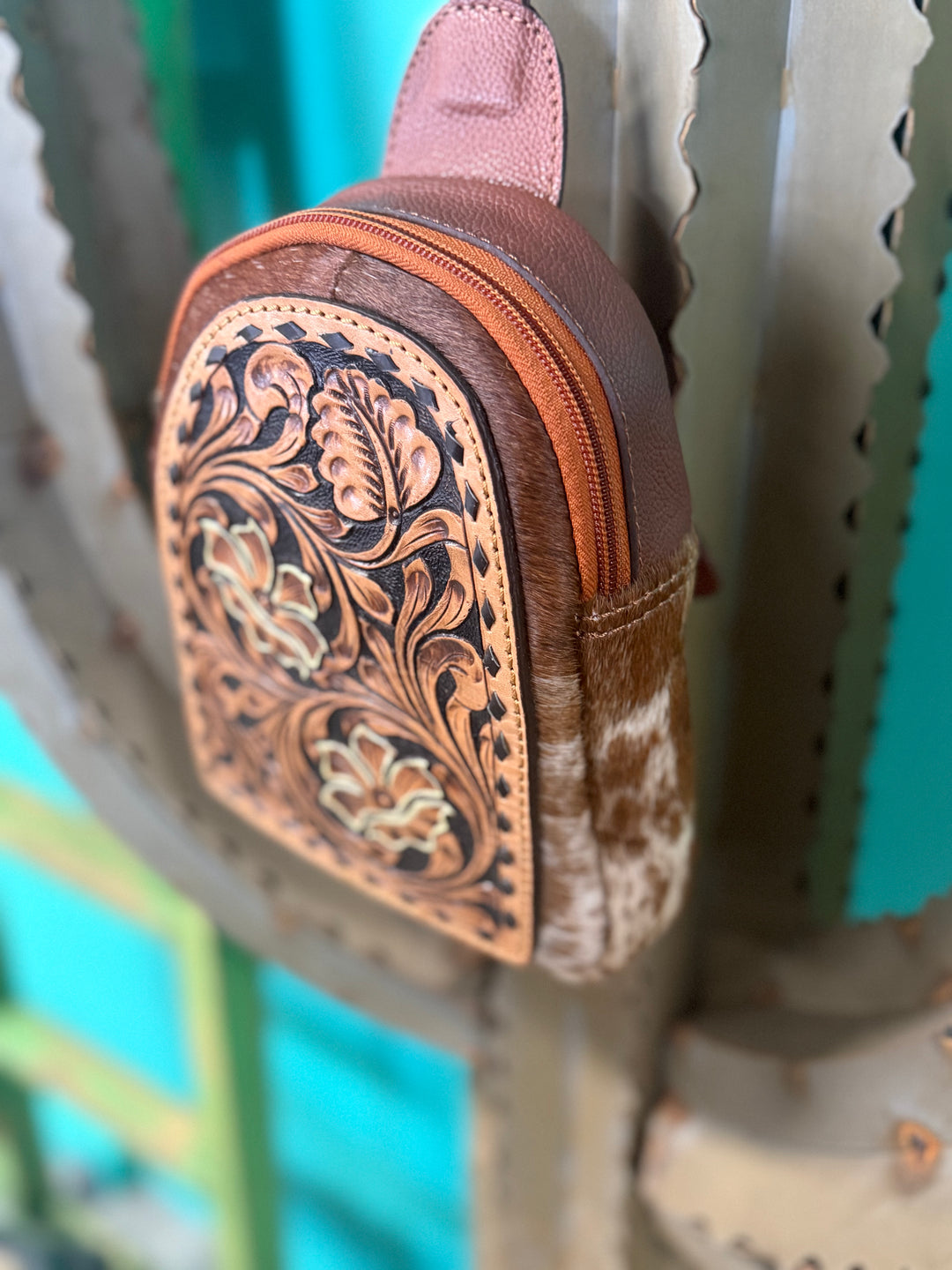 American Darling Floral Tooled Leather & Cowhide Sling Backpack