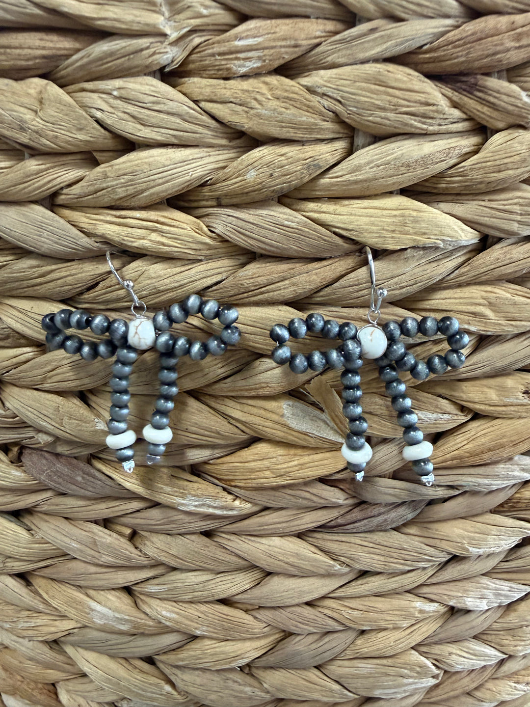 Silver Navajo Inspired Beaded Bow Dangle Earrings -4 Colors