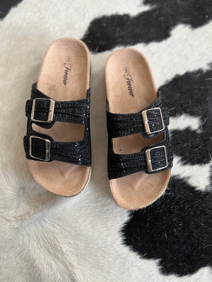 Black Rhinestone Double Buckle Burke Sandals*