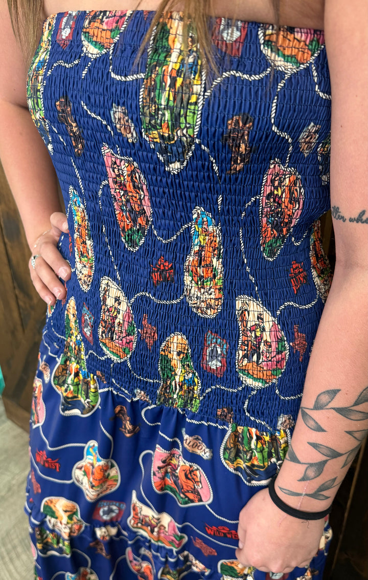 L&B Navy Western Print Smocked Maxi Dress