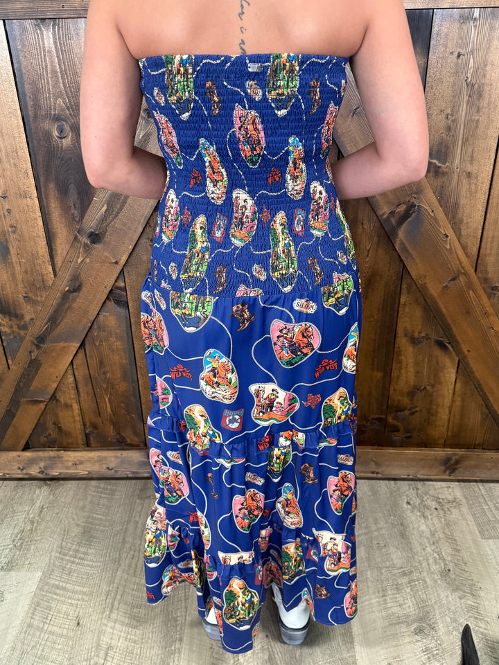 L&B Navy Western Print Smocked Maxi Dress