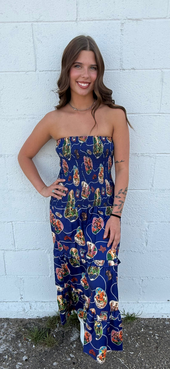 L&B Navy Western Print Smocked Maxi Dress