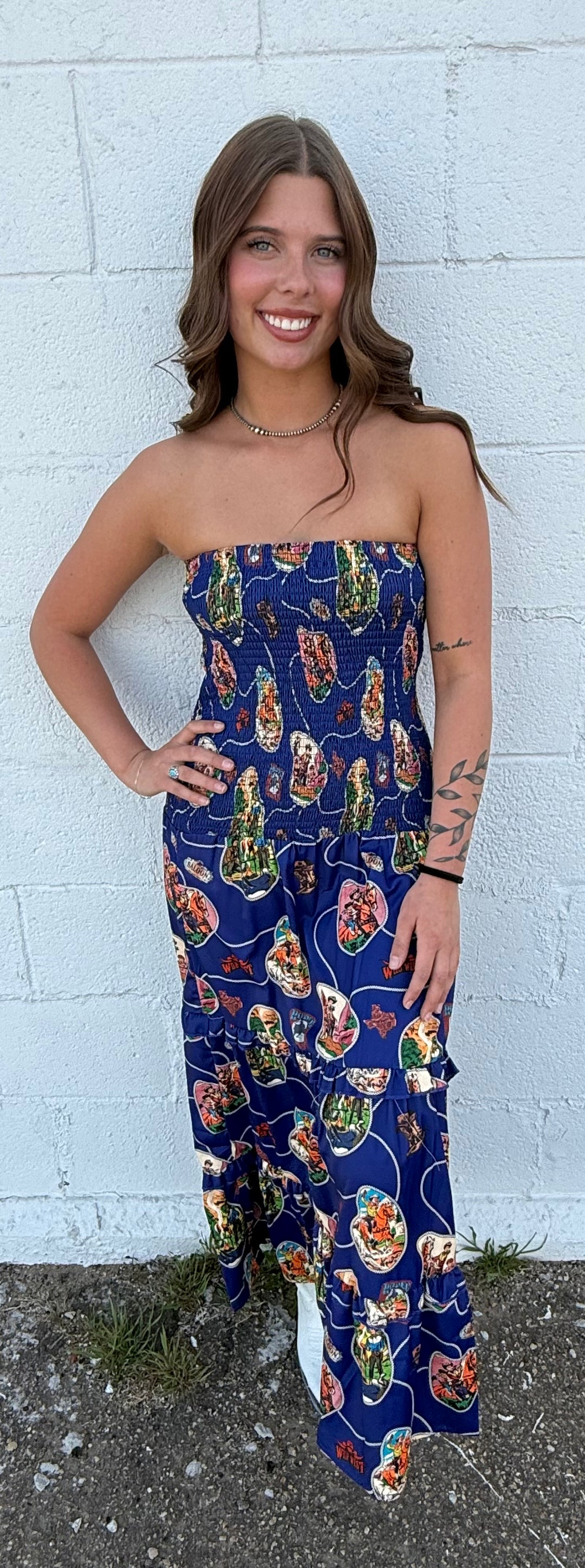 L&B Navy Western Print Smocked Maxi Dress