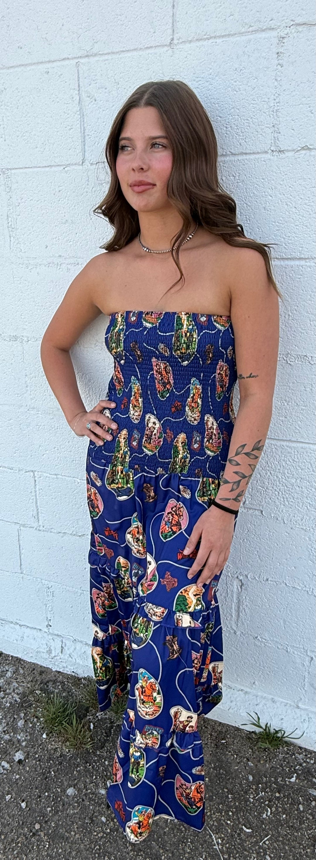 L&B Navy Western Print Smocked Maxi Dress