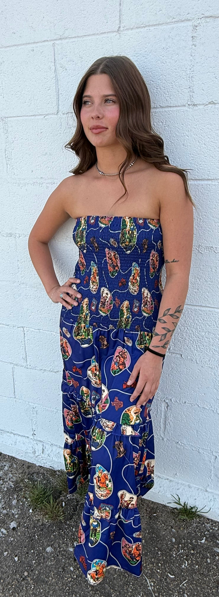 L&B Navy Western Print Smocked Maxi Dress