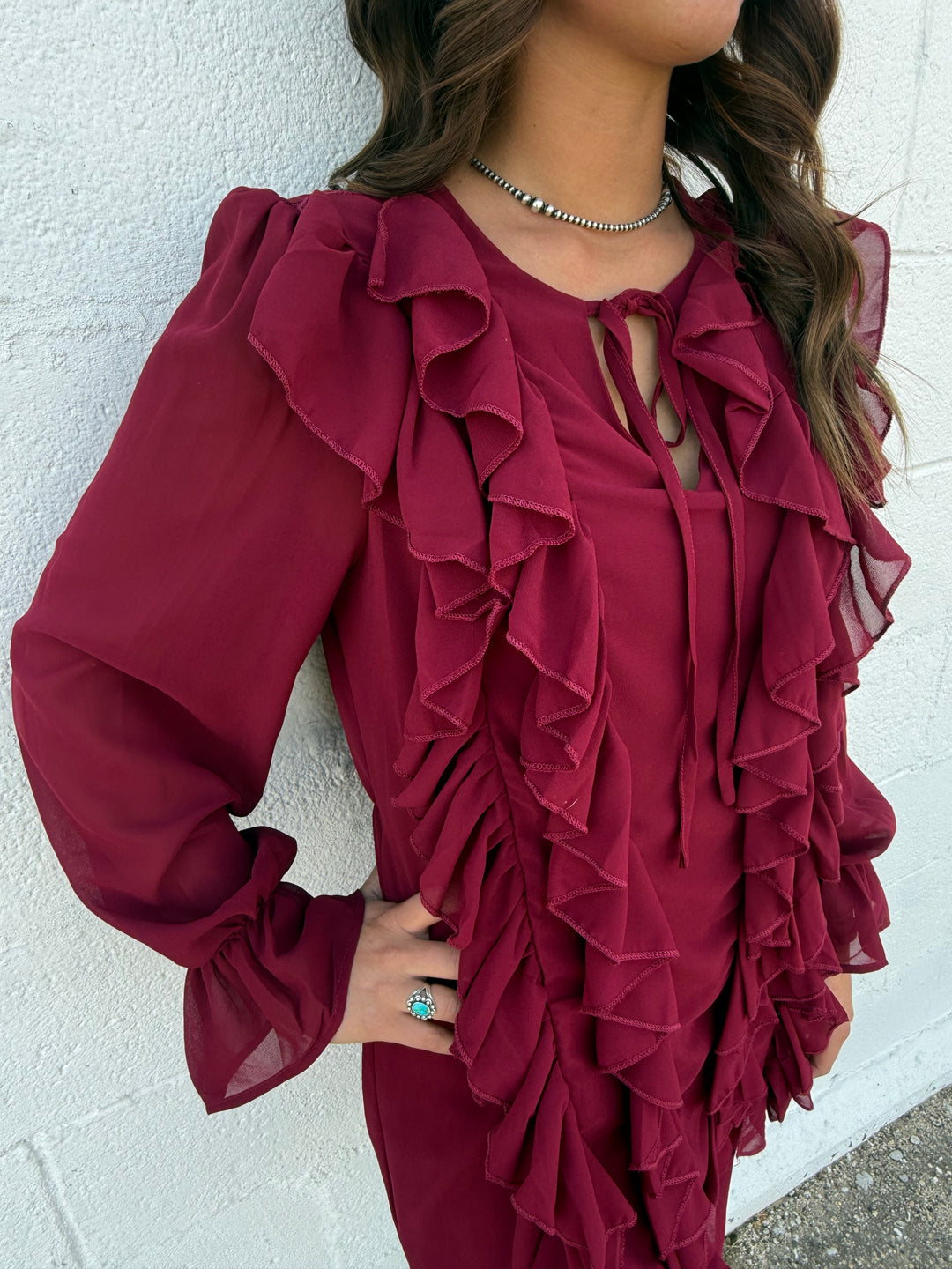 L&B Cherry Red Flowy Layered Ruffle Dress