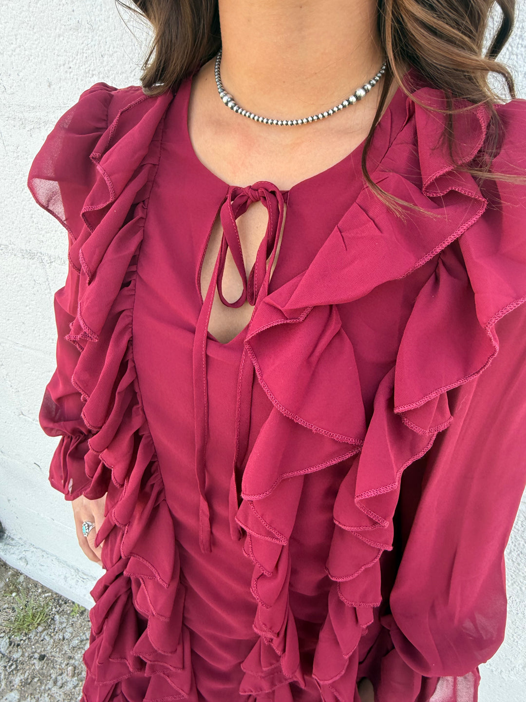 L&B Cherry Red Flowy Layered Ruffle Dress