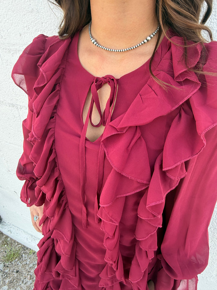 L&B Cherry Red Flowy Layered Ruffle Dress