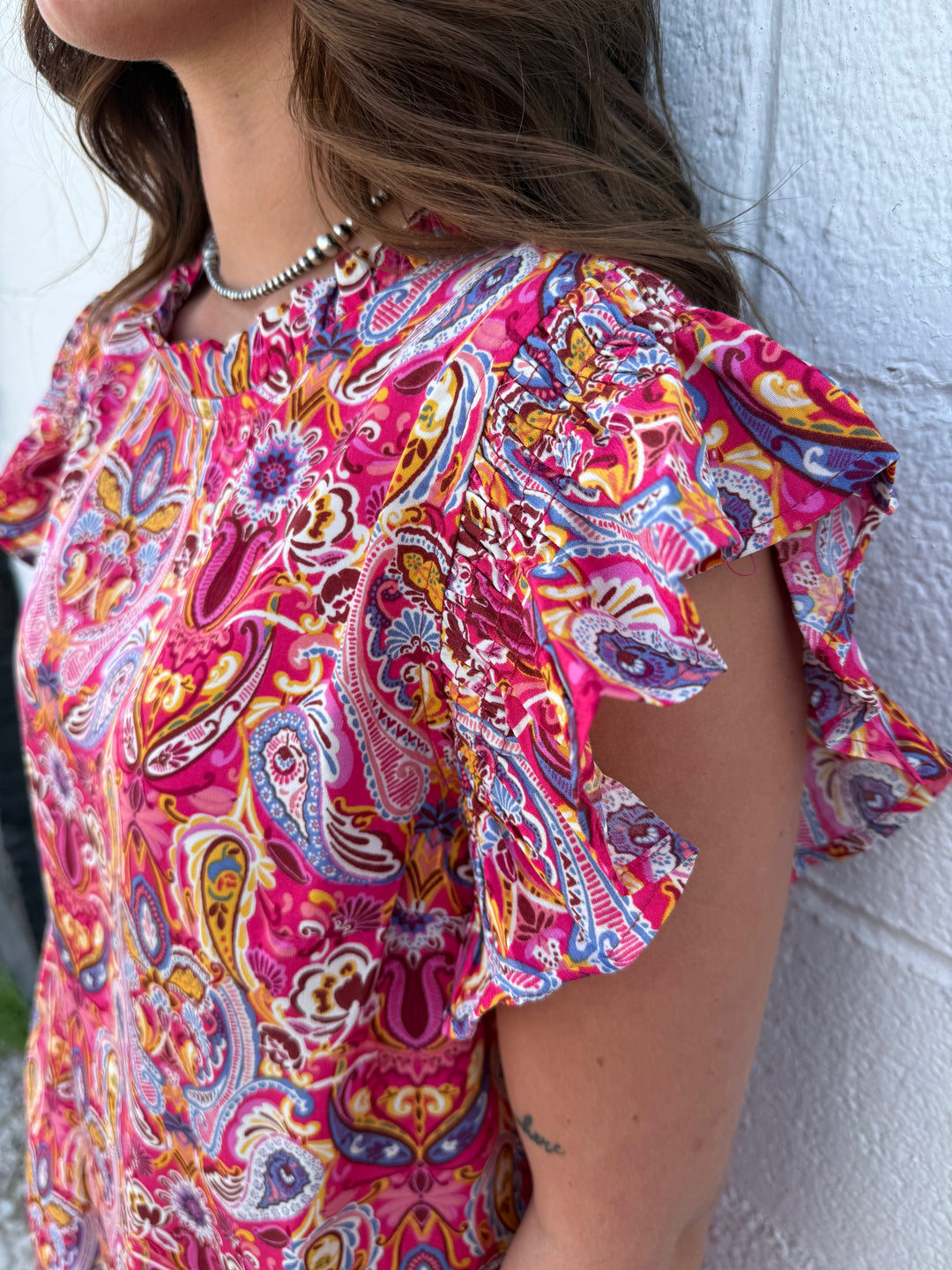 Fuchsia Paisley Short Sleeve Ruffle Dress