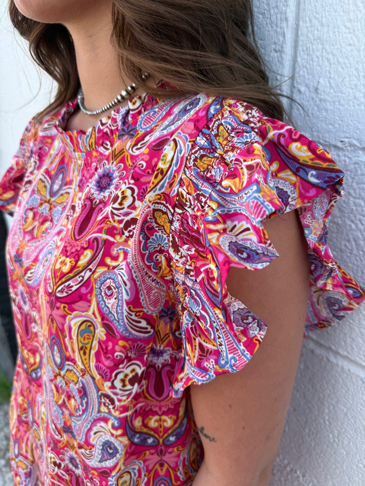 Fuchsia Paisley Short Sleeve Ruffle Dress