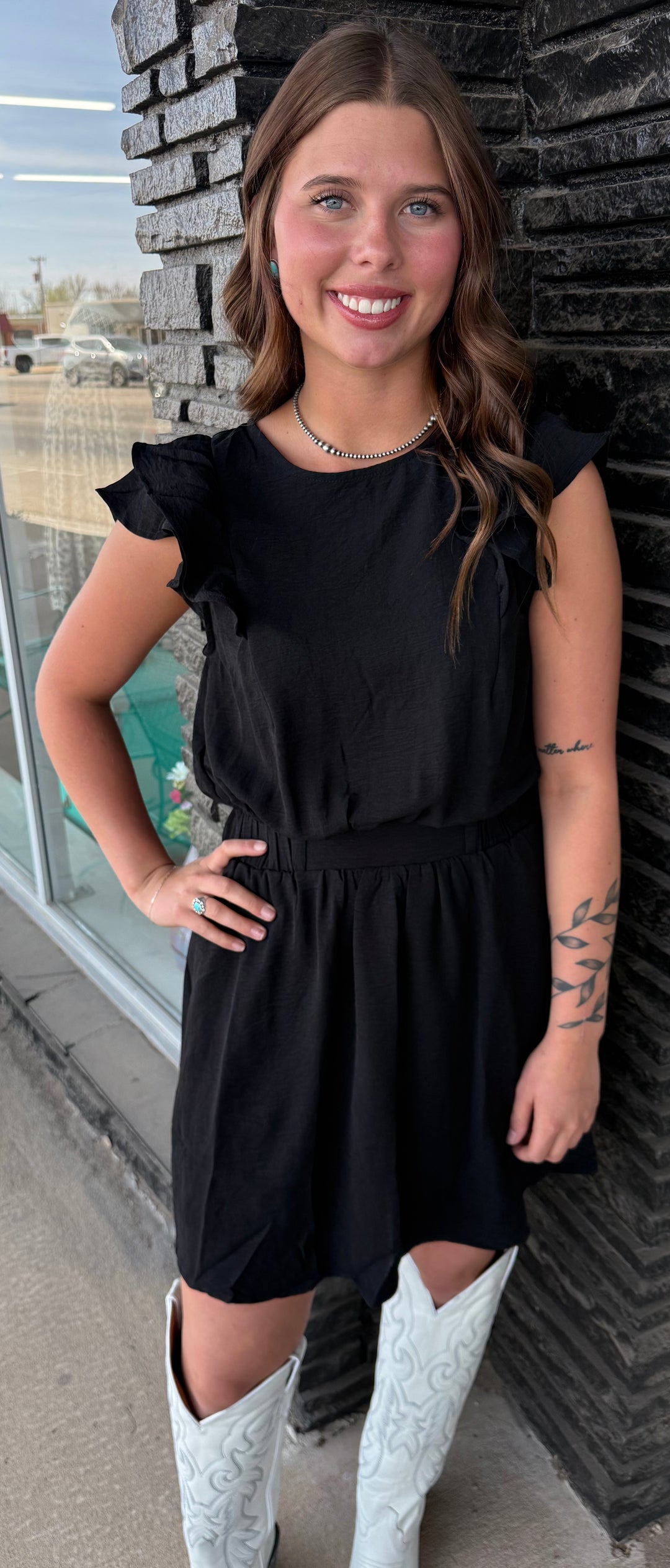 Timing  Black Round Neck Ruffled Short Sleeve Dress