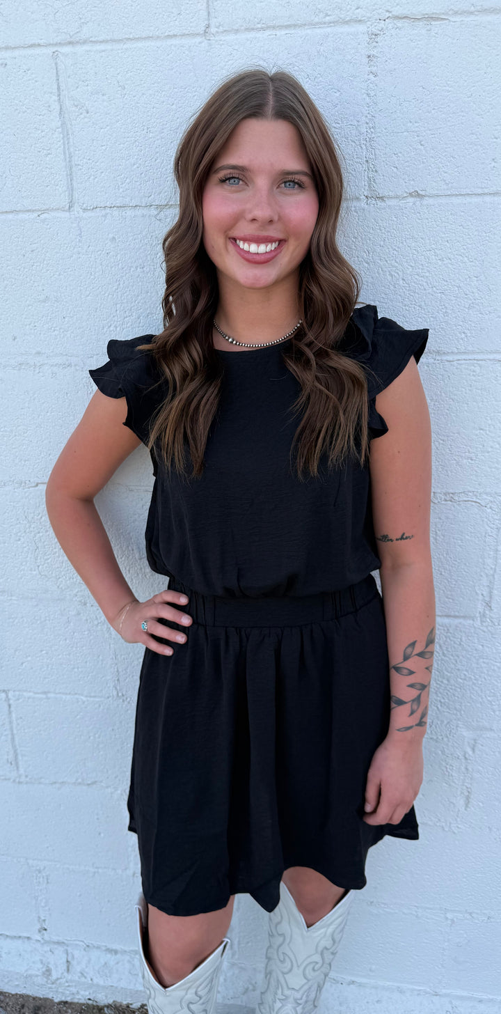 Timing  Black Round Neck Ruffled Short Sleeve Dress