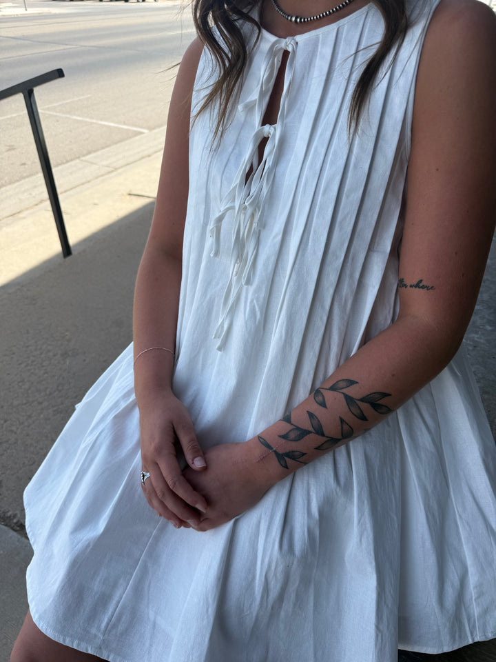 White Pleated Front Tie Mini Dress