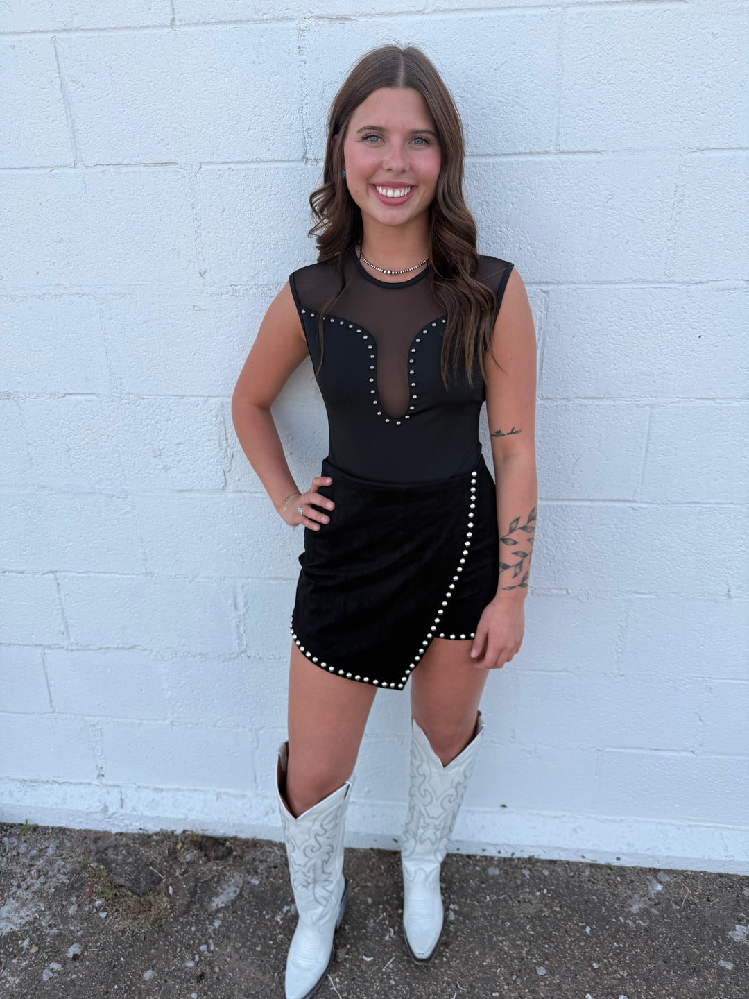 L&B Black Studded Mesh Front Bodysuit