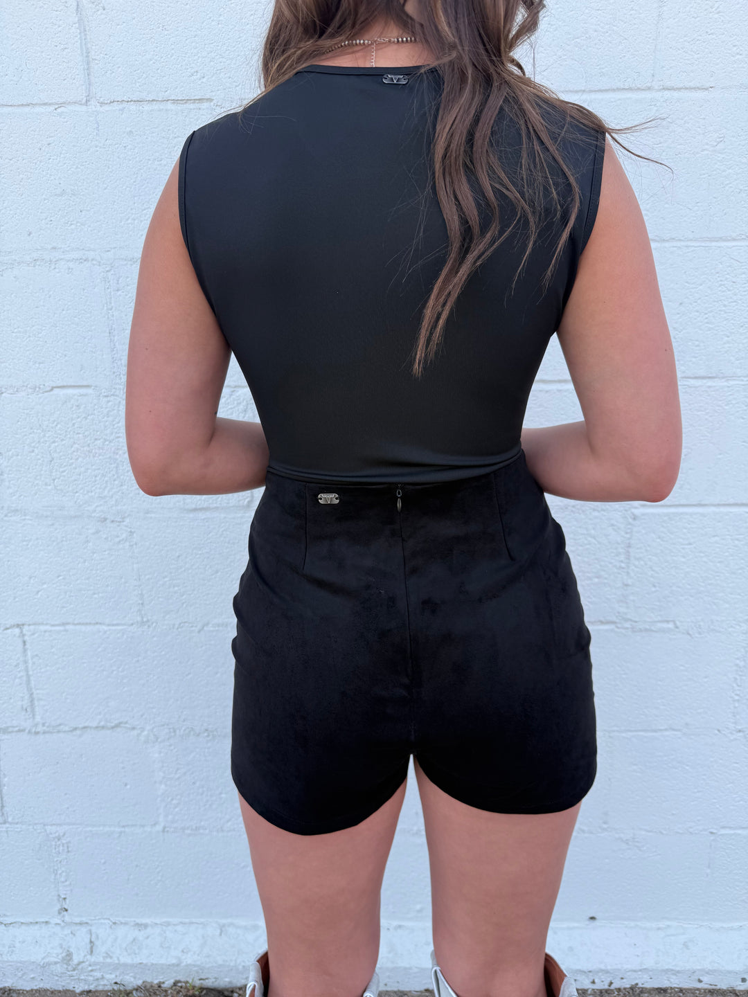 L&B Black Stretch Suede High Rise Studded Skort