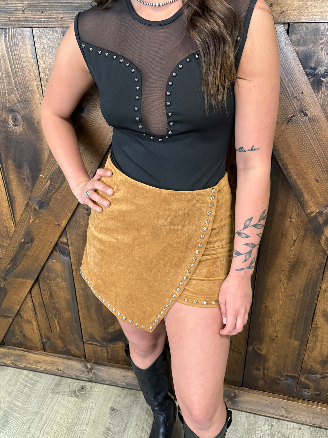 L&B Camel Stretch Suede High Rise Studded Skort